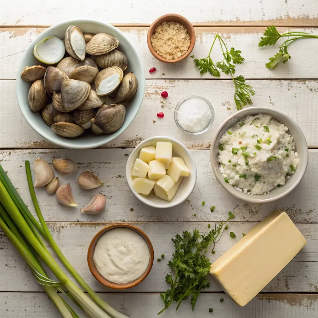 Creamy Clam Chowder – Perfect Seafood Soup 6 Flat lay of fresh clams, potatoes, vegetables, and cream for chowder