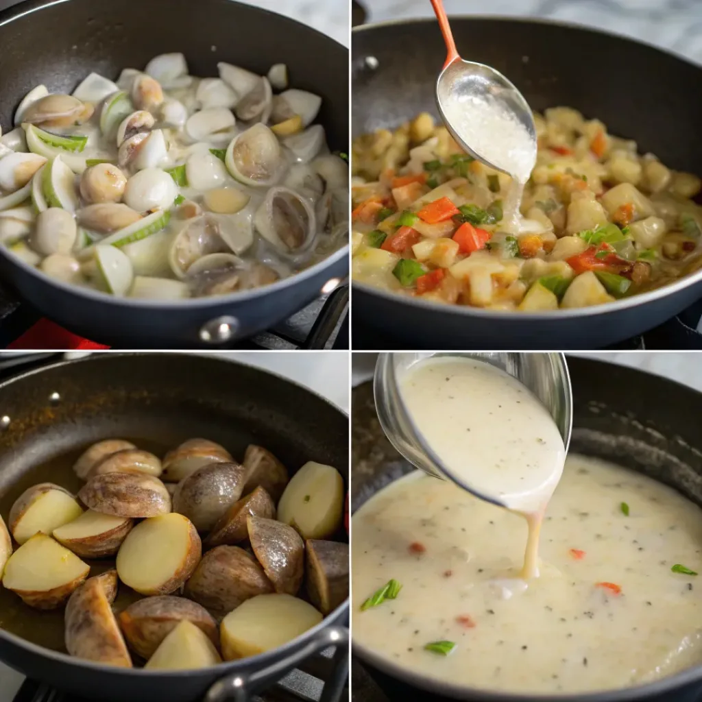 Creamy Clam Chowder – Perfect Seafood Soup 7 Step-by-step collage showing the preparation of clam chowder