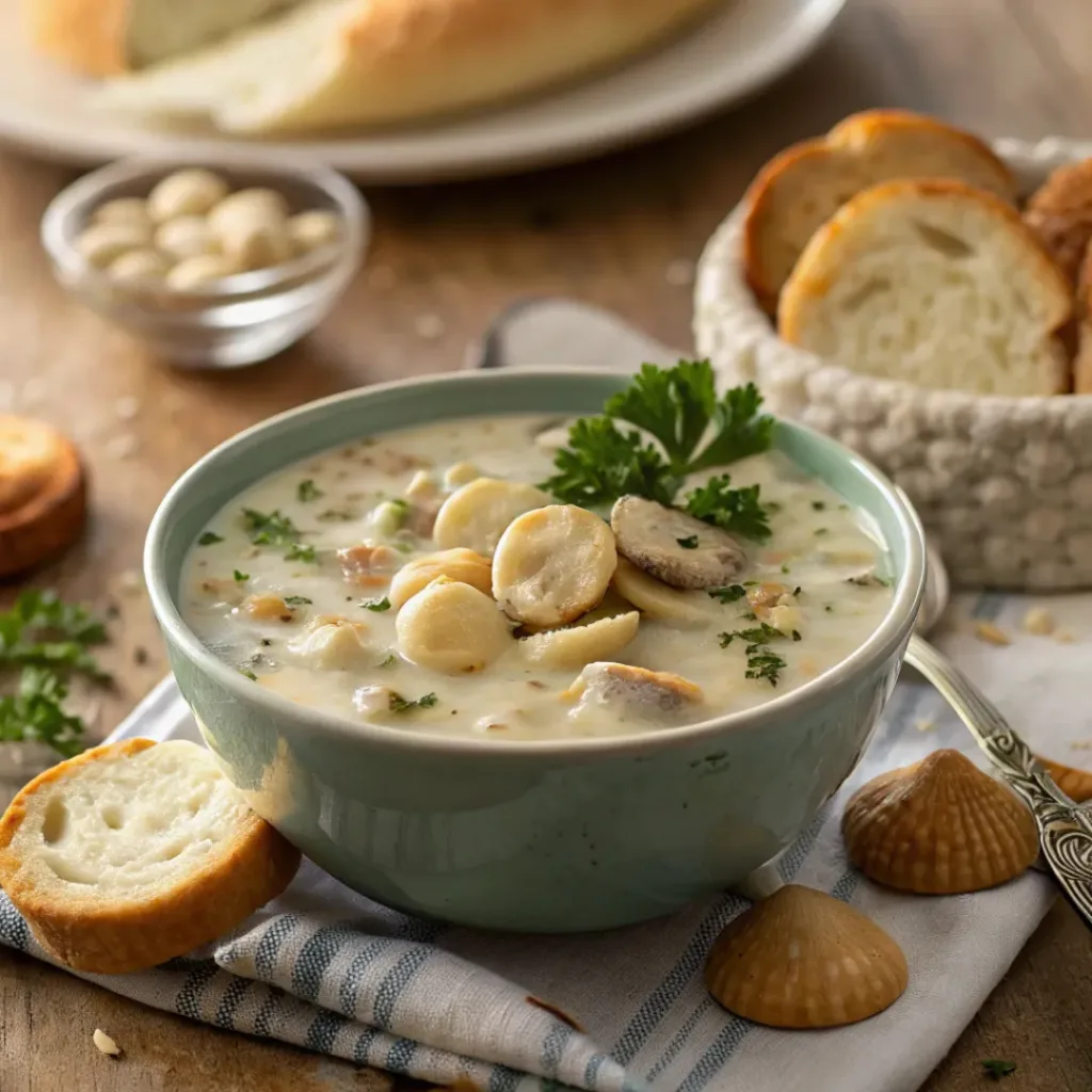 Creamy Clam Chowder – Perfect Seafood Soup 8 Bowl of creamy clam chowder with oyster crackers and parsley garnish
