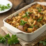 Classic turkey stuffing baked golden brown with fresh parsley