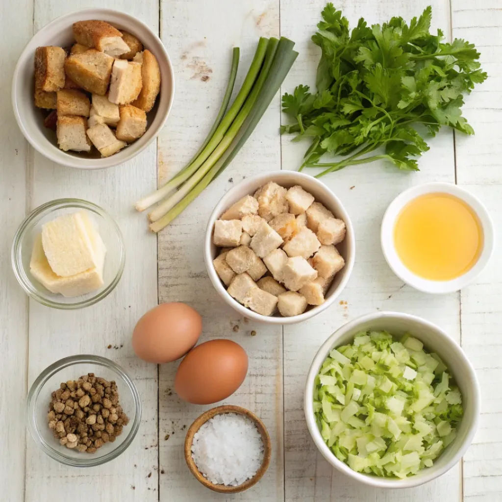 Classic Turkey Stuffing – Savory, Flavorful, and Perfectly Comforting 6 Overhead view of fresh ingredients for classic turkey stuffing