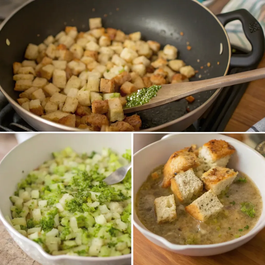 Classic Turkey Stuffing – Savory, Flavorful, and Perfectly Comforting 7 Step-by-step collage showing how to make classic turkey stuffing