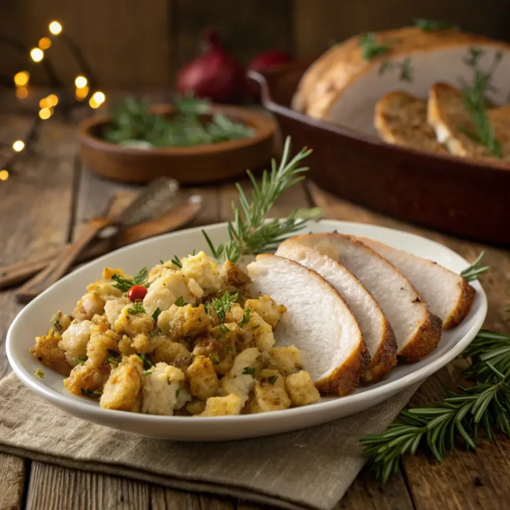 Classic Turkey Stuffing – Savory, Flavorful, and Perfectly Comforting 8 Classic turkey stuffing served alongside roasted turkey
