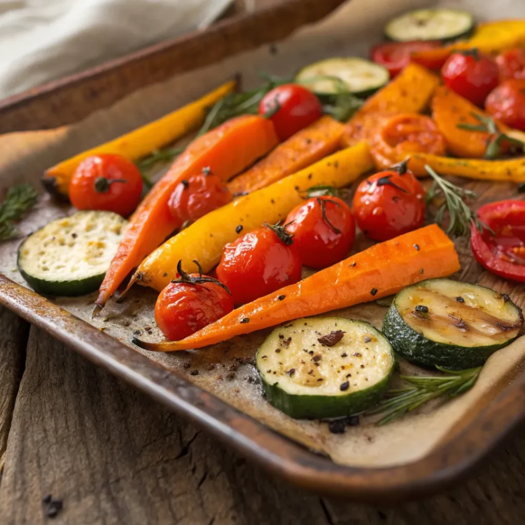 Roasted carrots, peppers, zucchini, and tomatoes on baking sheet