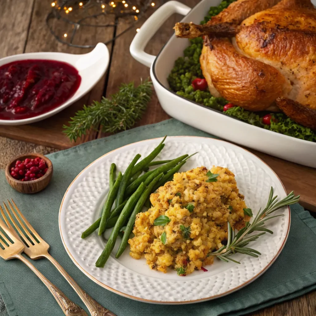 Dressing on a plate with roast chicken and vegetables