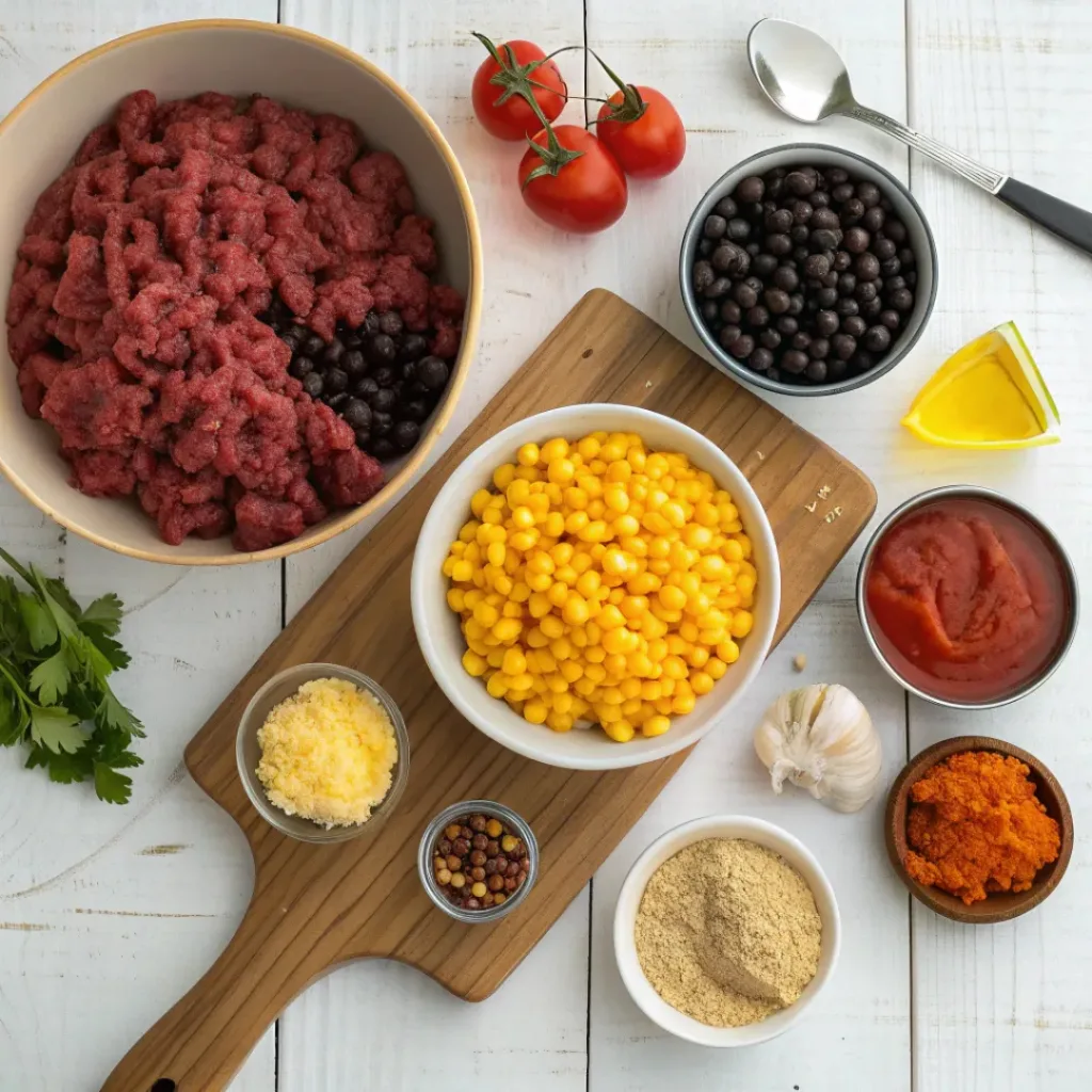 Cheesy Cowboy Casserole 6 Flat lay of cowboy casserole ingredients including ground beef, corn, and beans