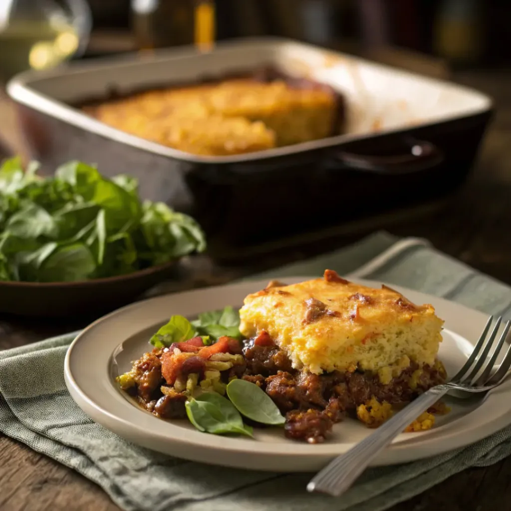 Cheesy Cowboy Casserole 8 A serving of cowboy casserole with melted cheese, cornbread, and a fresh salad