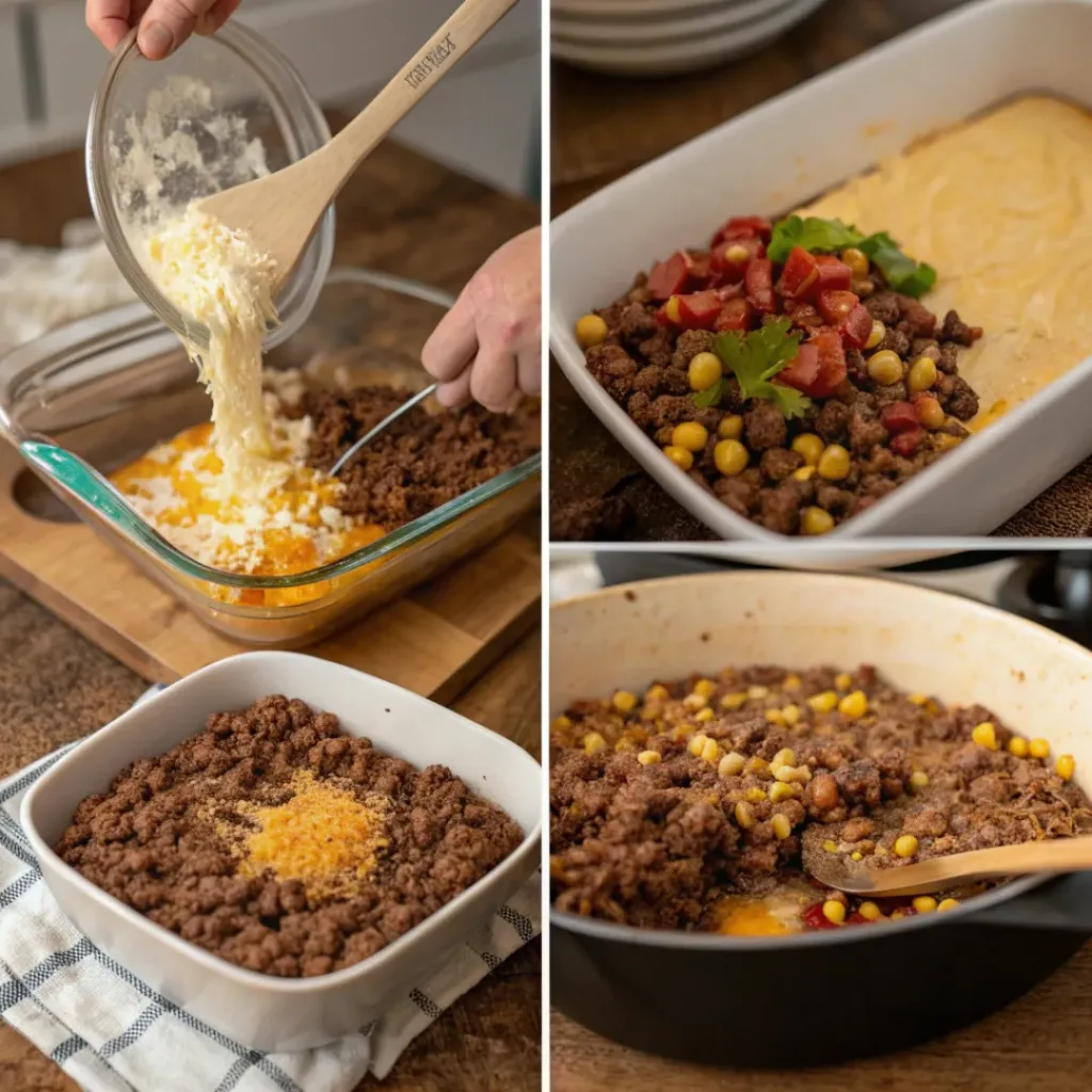 Cheesy Cowboy Casserole 7 Step-by-step collage showing how to cook cowboy casserole from start to finish