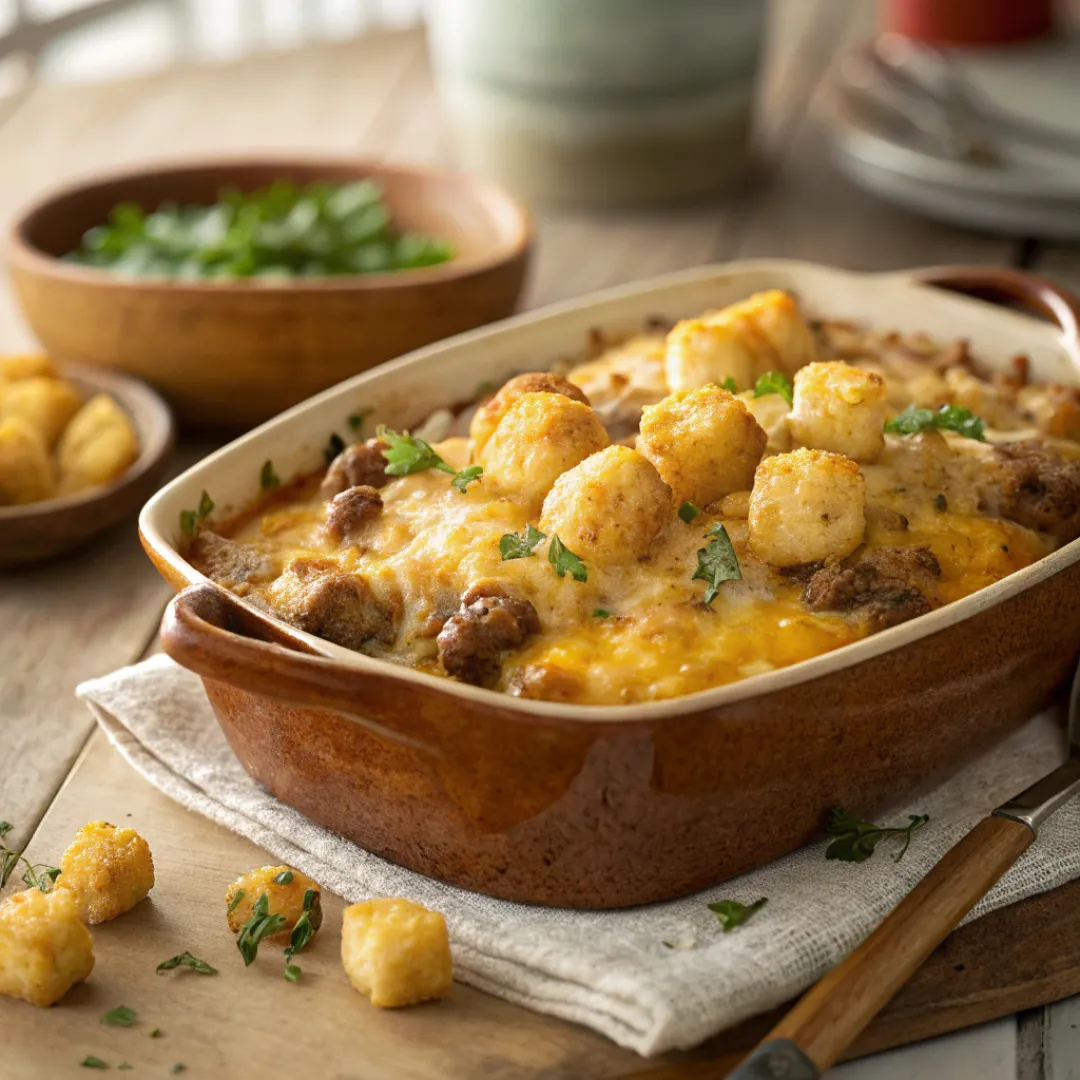 Cowboy casserole in a baking dish with golden melted cheese on top