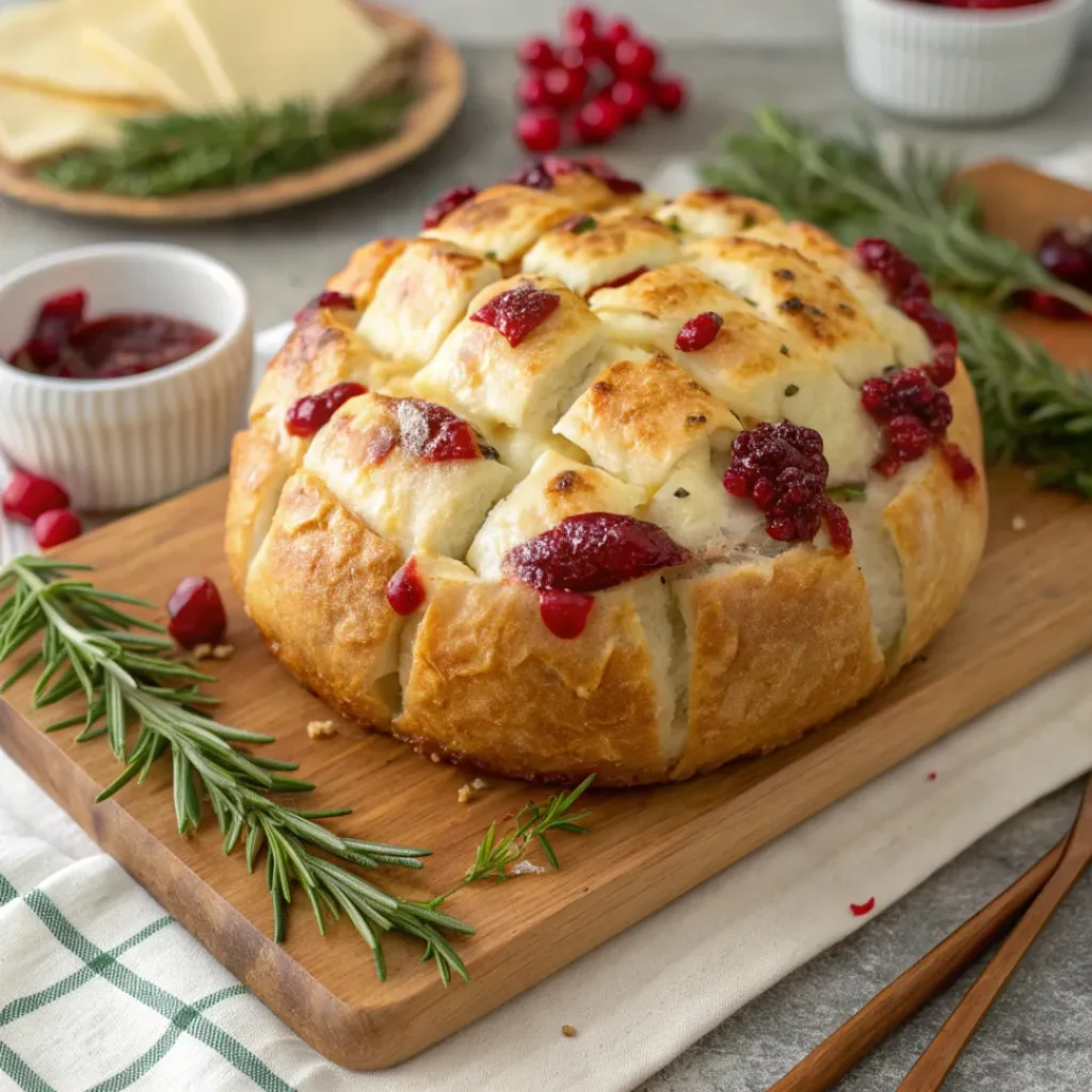 Golden bread loaf stuffed with brie cheese and cranberry sauce