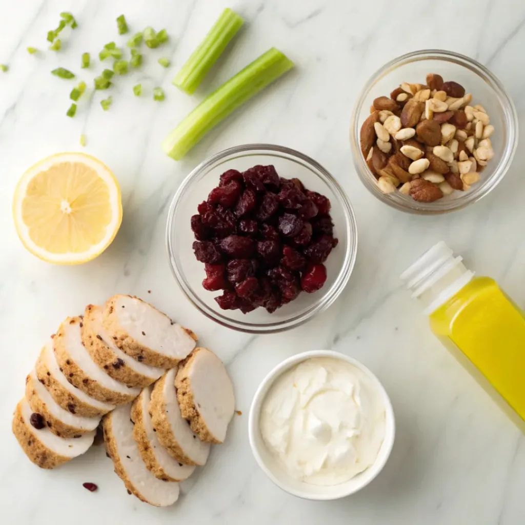 Flat lay of ingredients for cranberry chicken salad