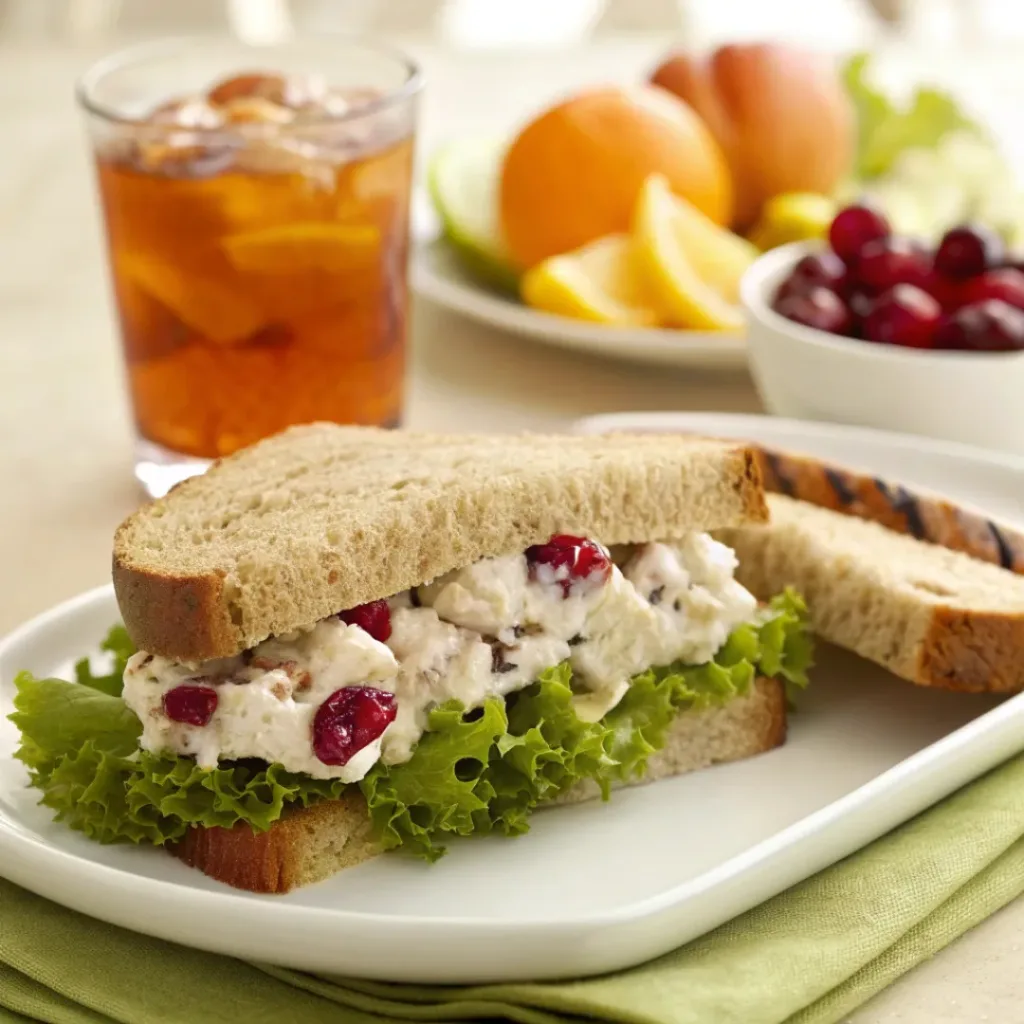 Cranberry chicken salad served in a sandwich with fruit