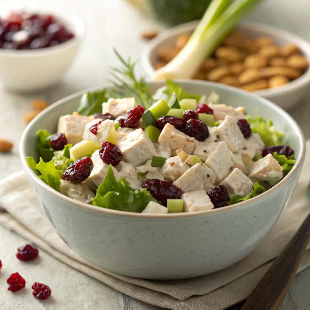 Bowl of cranberry chicken salad with cranberries and celery