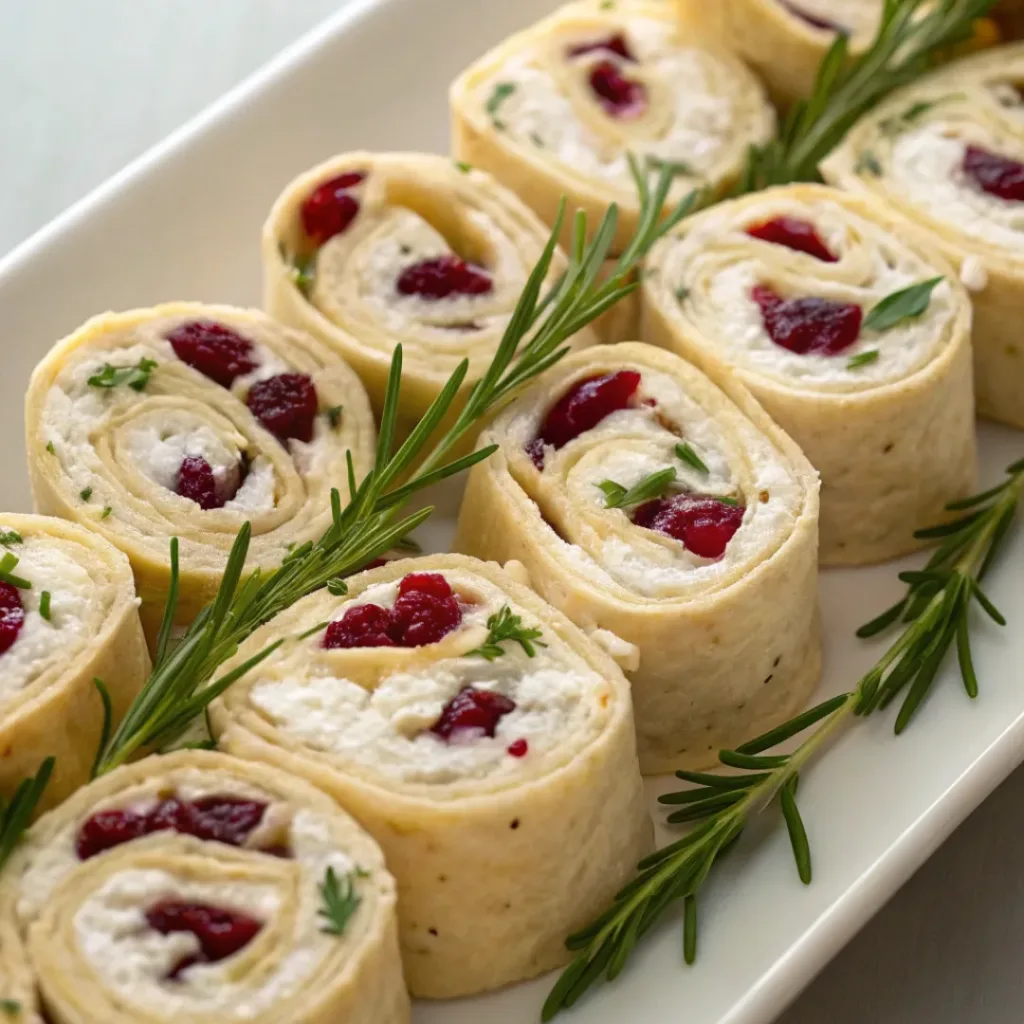 Cranberry cream cheese pinwheels with feta and herbs on platter