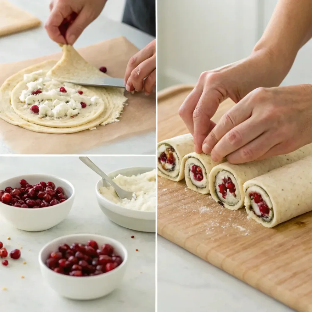 Cranberry Cream Cheese Pinwheels with Feta & Herbs 7 steps making cranberry feta pinwheels