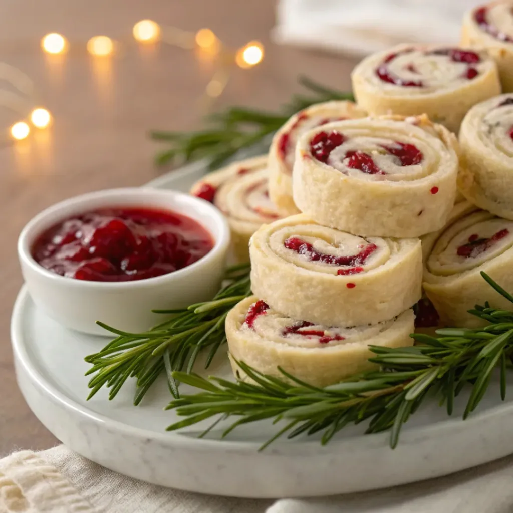 Cranberry Cream Cheese Pinwheels with Feta & Herbs 8 Cranberry feta pinwheels on serving platter