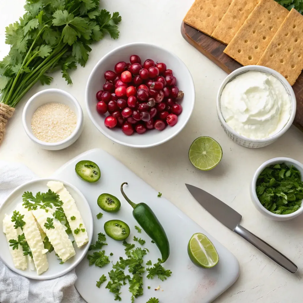 Cranberry Jalapeño Dip – Sweet, Spicy, and Irresistibly Fresh 6 Flat lay of ingredients for Cranberry Jalapeño Dip