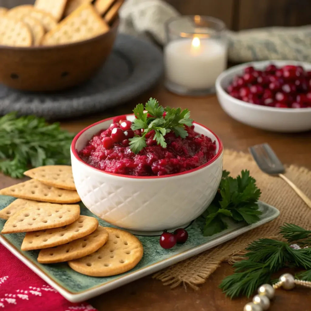 Cranberry Jalapeño Dip – Sweet, Spicy, and Irresistibly Fresh 8 Cranberry Jalapeño Dip served with crackers and herbs