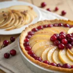 Close-up of cranberry pear tart with golden crust and glossy fruit topping