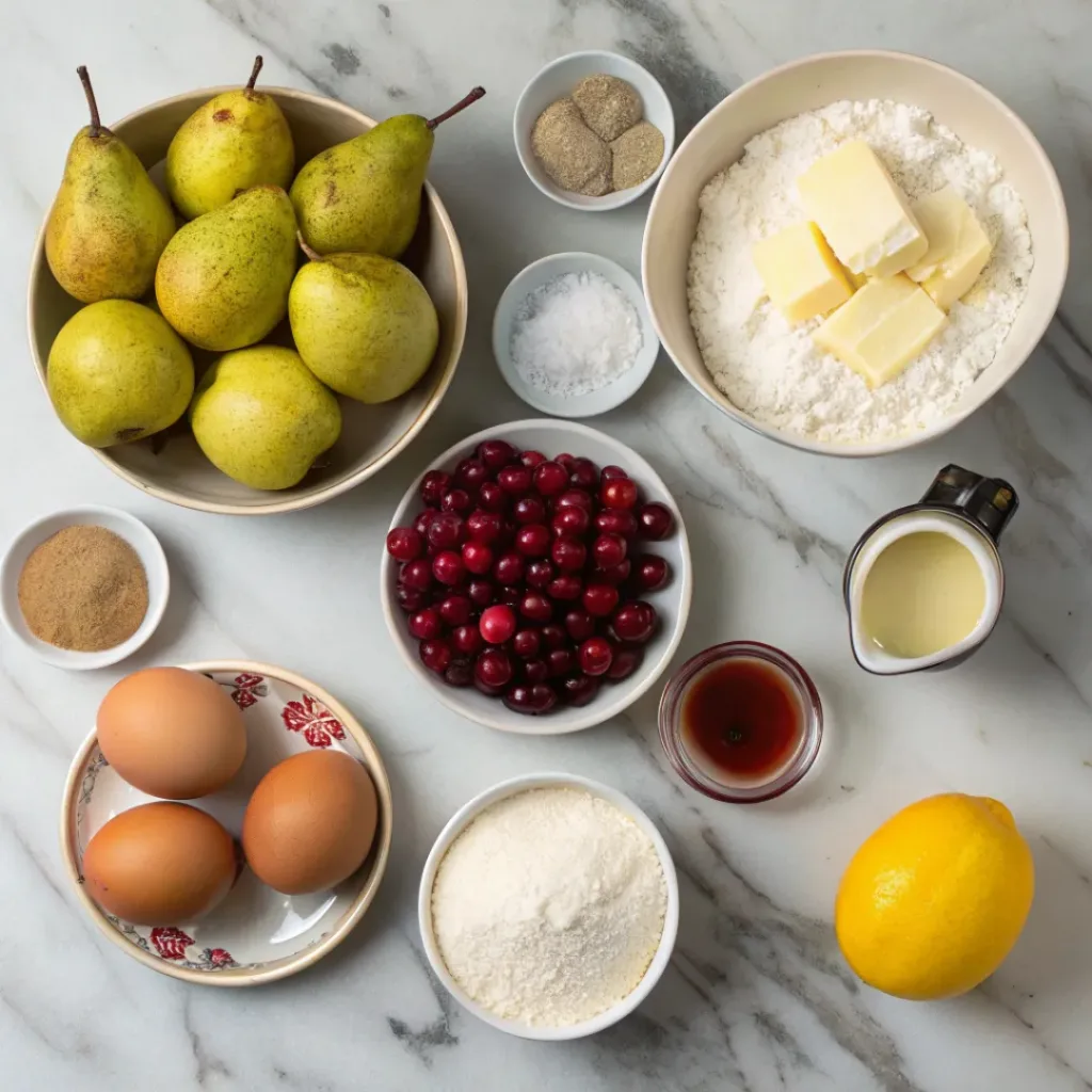 Cranberry and Pear Tart – A Festive Dessert with a Fruity Twist 6 Overhead view of fresh ingredients for cranberry pear tart