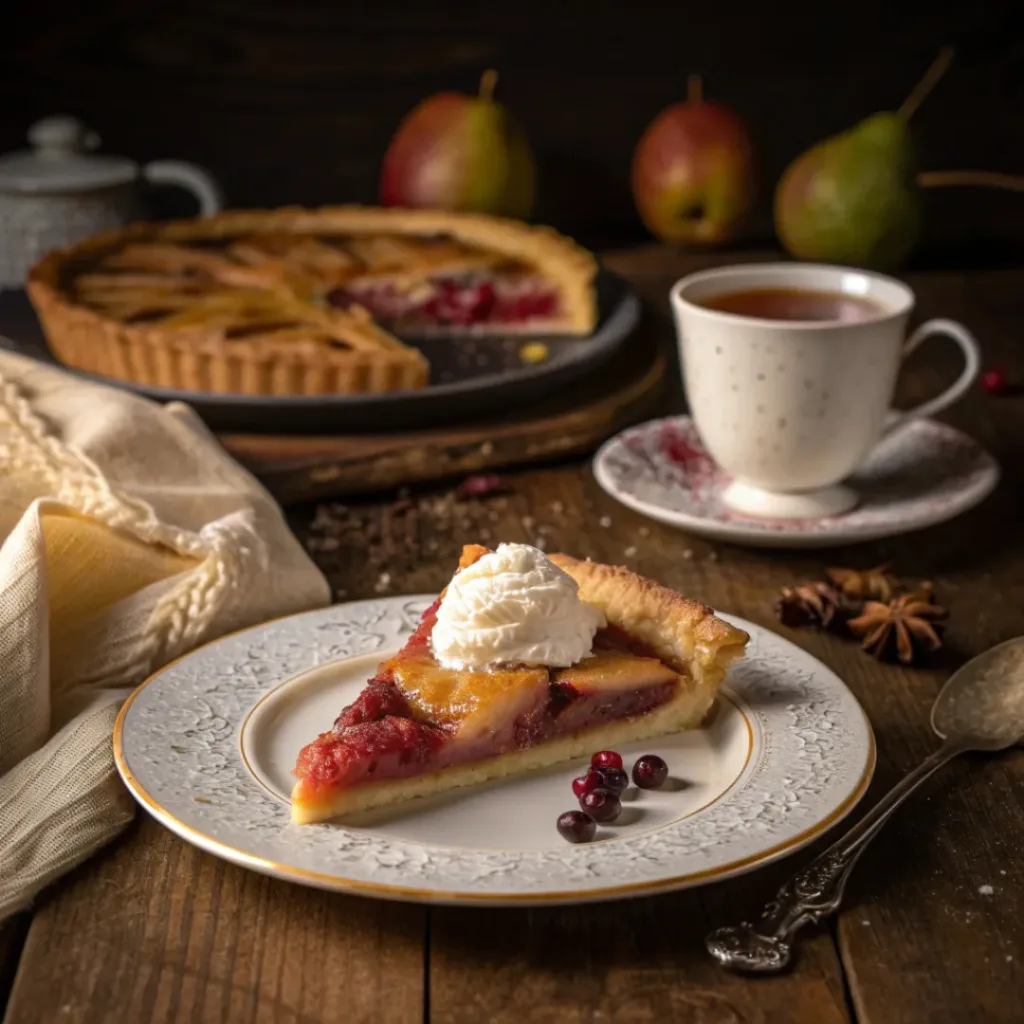 Cranberry and Pear Tart – A Festive Dessert with a Fruity Twist 8 Slice of cranberry and pear tart served with whipped cream and tea
