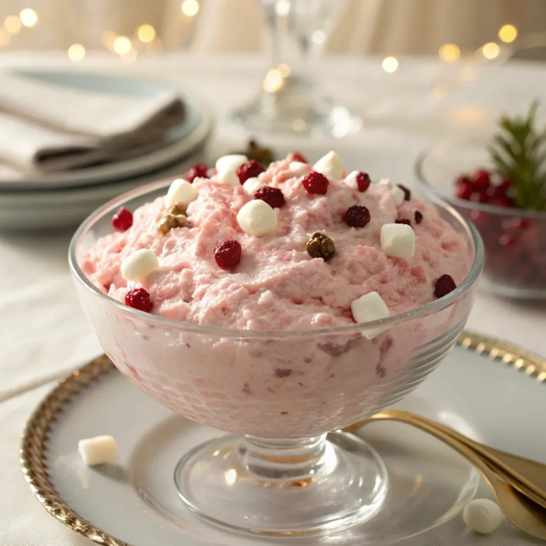 Bowl of cranberry fluff salad topped with marshmallows and cranberries
