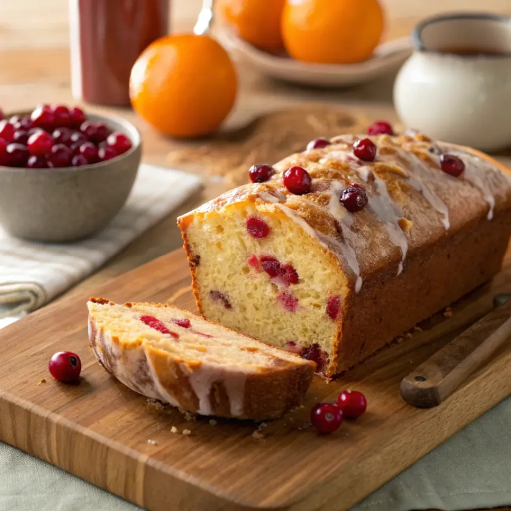cranberry orange bread sliced on cutting board