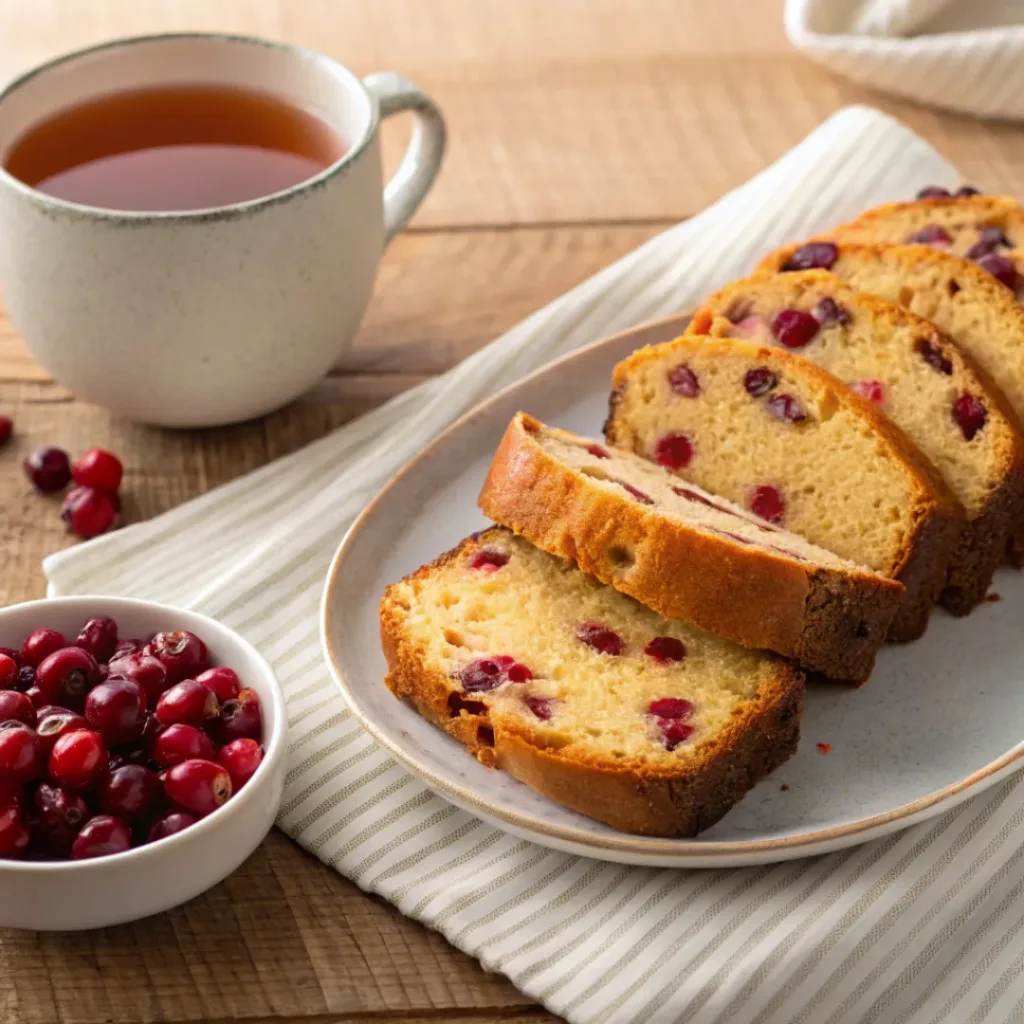 Cranberry Orange Bread – Moist, Sweet, and Zesty 8 Sliced cranberry orange bread served with tea