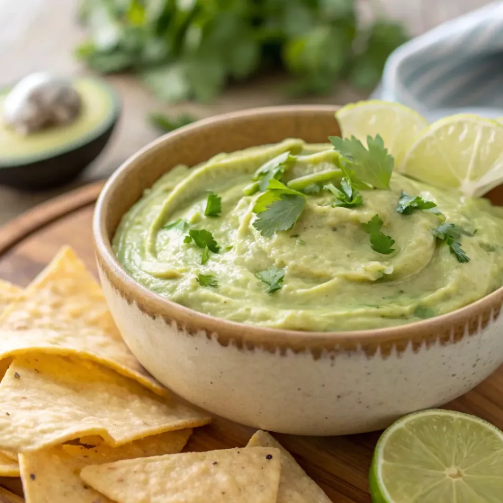 Bowl of creamy avocado salsa topped with cilantro and lime