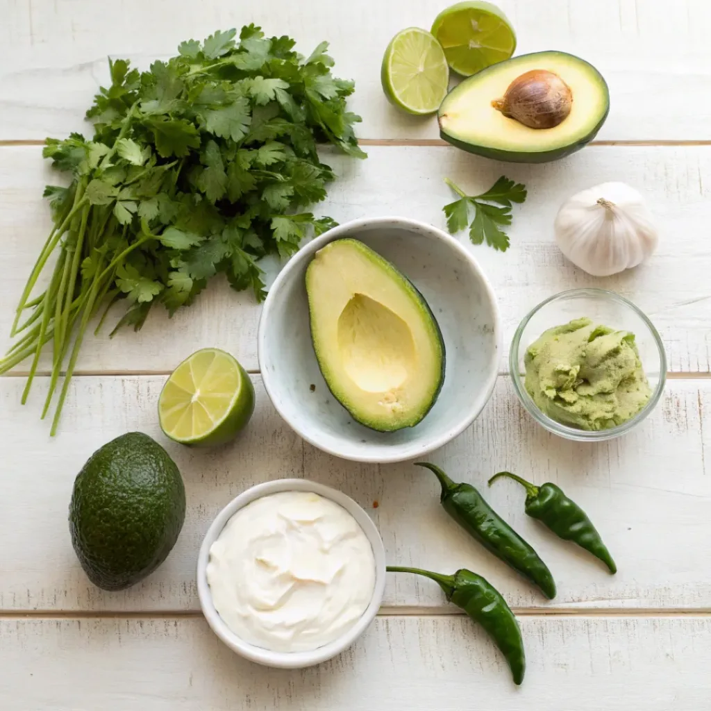 Easy Creamy Avocado Salsa – Ready in Minutes 6 Overhead view of fresh ingredients for creamy avocado salsa