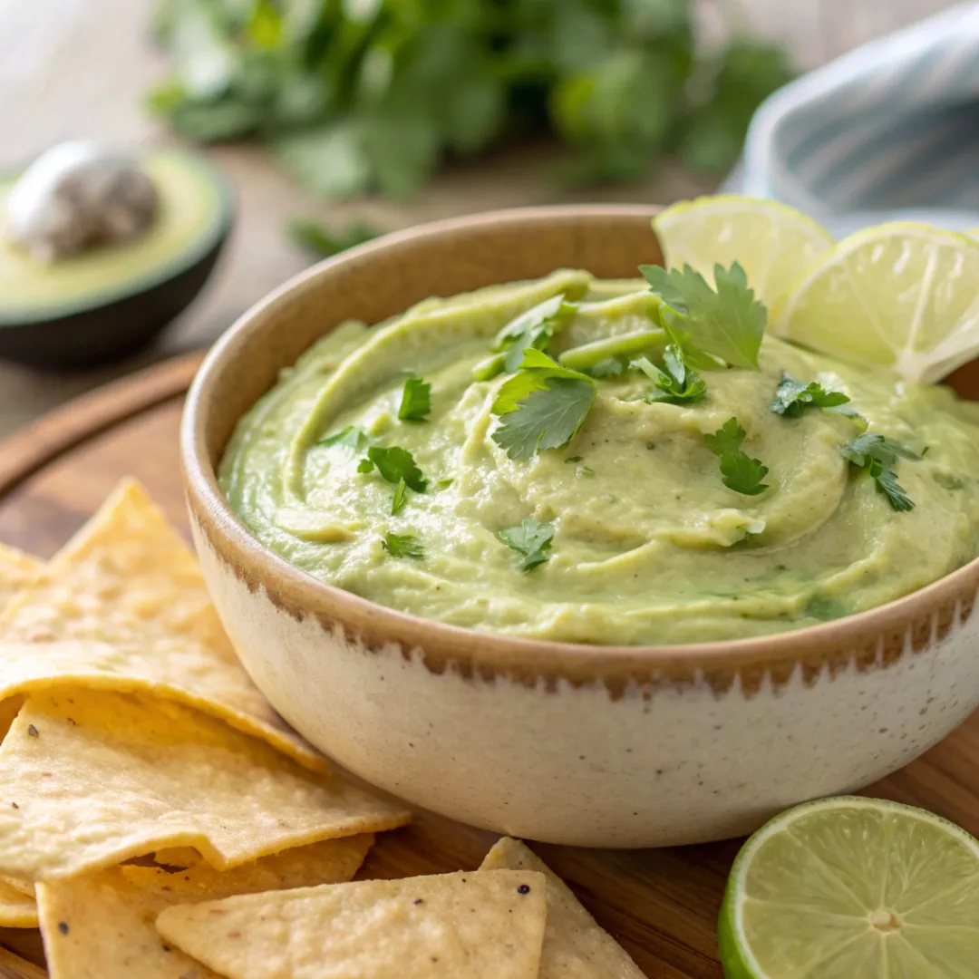 Bowl of creamy avocado salsa topped with cilantro and lime