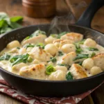 Creamy Crack Chicken Gnocchi – One Skillet Comfort Food 9 Skillet filled with creamy chicken gnocchi topped with green onions