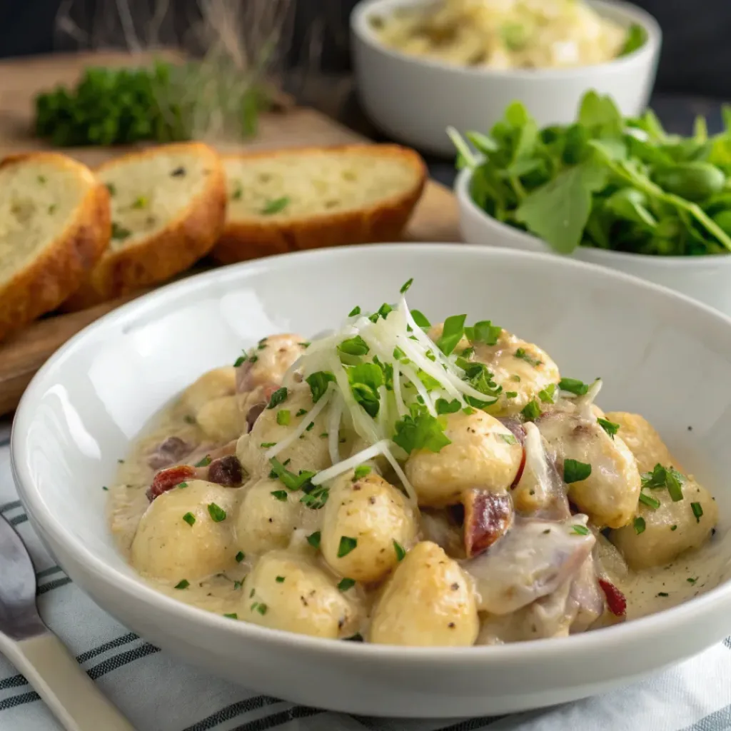 Creamy Crack Chicken Gnocchi – One Skillet Comfort Food 8 Creamy chicken gnocchi served with garlic bread and salad