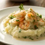 creamy garlic shrimp over mashed potatoes garnished with herbs