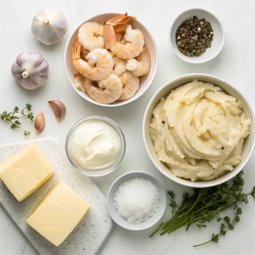 Overhead view of ingredients for creamy garlic shrimp and mashed potatoes