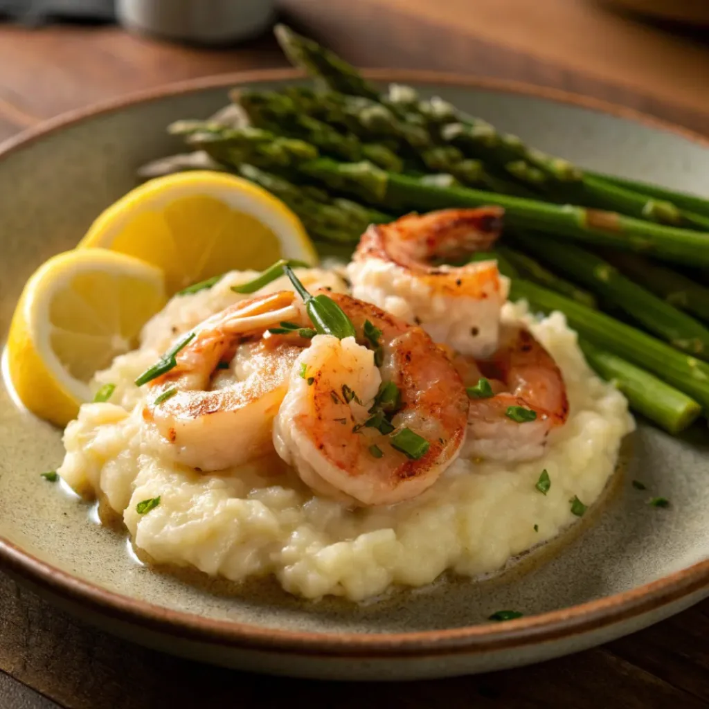 Creamy garlic shrimp over mashed potatoes served with asparagus and lemon