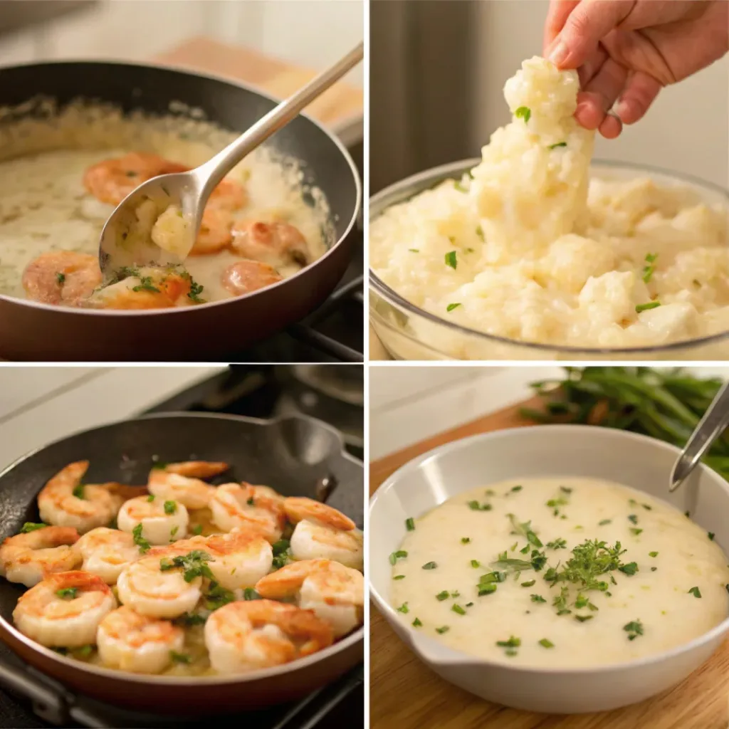 Collage showing step-by-step preparation of creamy garlic shrimp over mashed potatoes