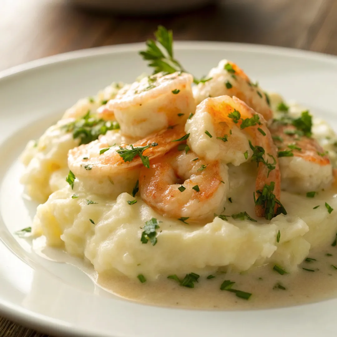 creamy garlic shrimp over mashed potatoes garnished with herbs