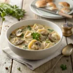 Italian-Style Creamy Mushroom Tortellini Soup 9 Bowl of creamy mushroom tortellini soup garnished with parsley