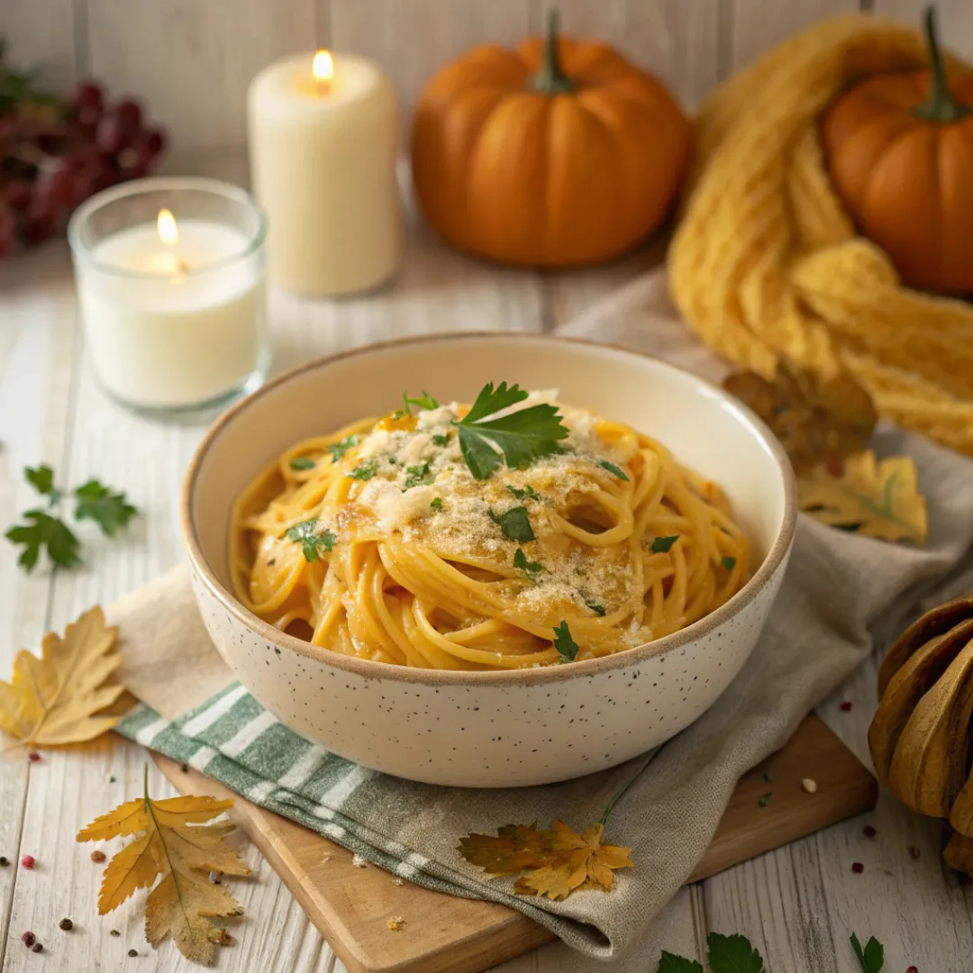 Bowl of creamy pumpkin Alfredo pasta with Parmesan