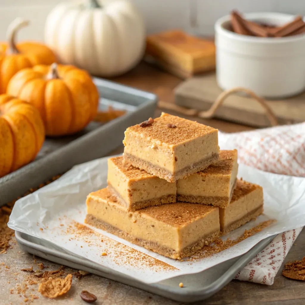 Stack of pumpkin fudge pieces dusted with cinnamon