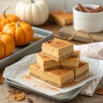 Stack of pumpkin fudge pieces dusted with cinnamon