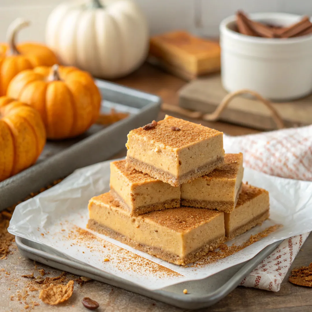 Stack of pumpkin fudge pieces dusted with cinnamon
