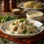 Creamy Ranch Chicken CrockPot – Easy Slow Cooker Dinner 9 Tender shredded chicken in creamy ranch sauce served on a white plate