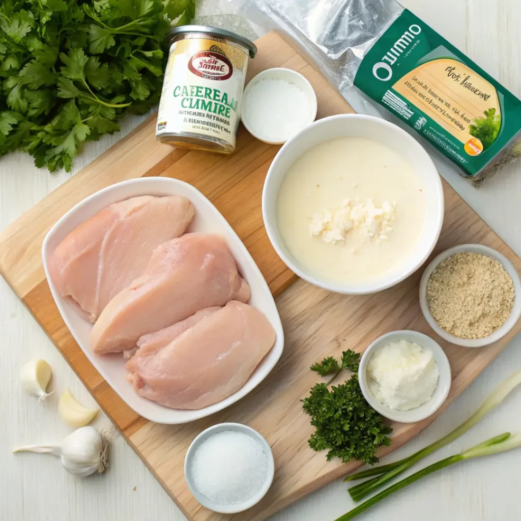 Creamy Ranch Chicken CrockPot – Easy Slow Cooker Dinner 6 Flat lay of ingredients for slow cooker ranch chicken recipe