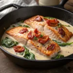 Creamy Tuscan Salmon – Flavorful One-Pan Dinner 9 Skillet of creamy Tuscan salmon with spinach and sun-dried tomatoes