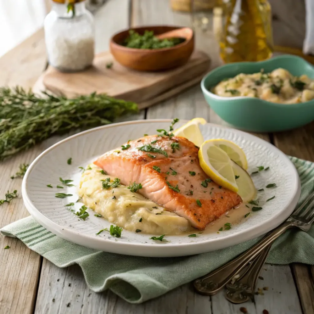 Creamy Tuscan Salmon – Flavorful One-Pan Dinner 8 Creamy Tuscan salmon served with mashed potatoes