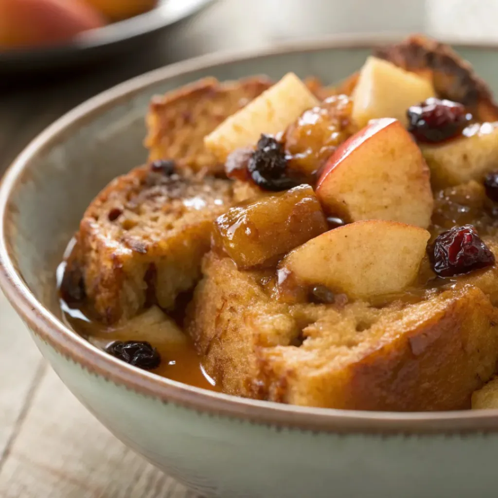 crock pot apple raisin french toast with syrup drizzle