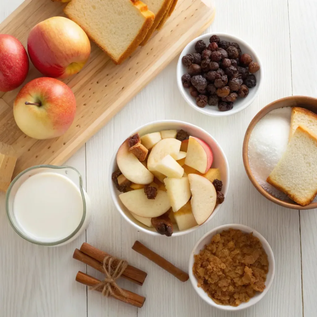 Warm Apple Raisin French Toast Casserole – Slow Cooker Style 6 Overhead view of fresh ingredients for apple raisin french toast