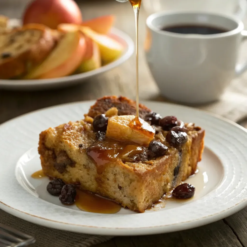 Warm Apple Raisin French Toast Casserole – Slow Cooker Style 8 Plate of apple raisin french toast with fruit and coffee
